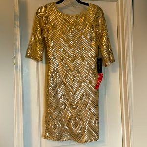 Women’s Gold Sequin 3/4 Sleeve Party Prom Cocktail Holiday Dress